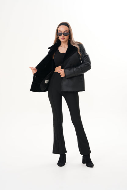The Zurich Double-Breasted Black Shearling Leather Women Jacket