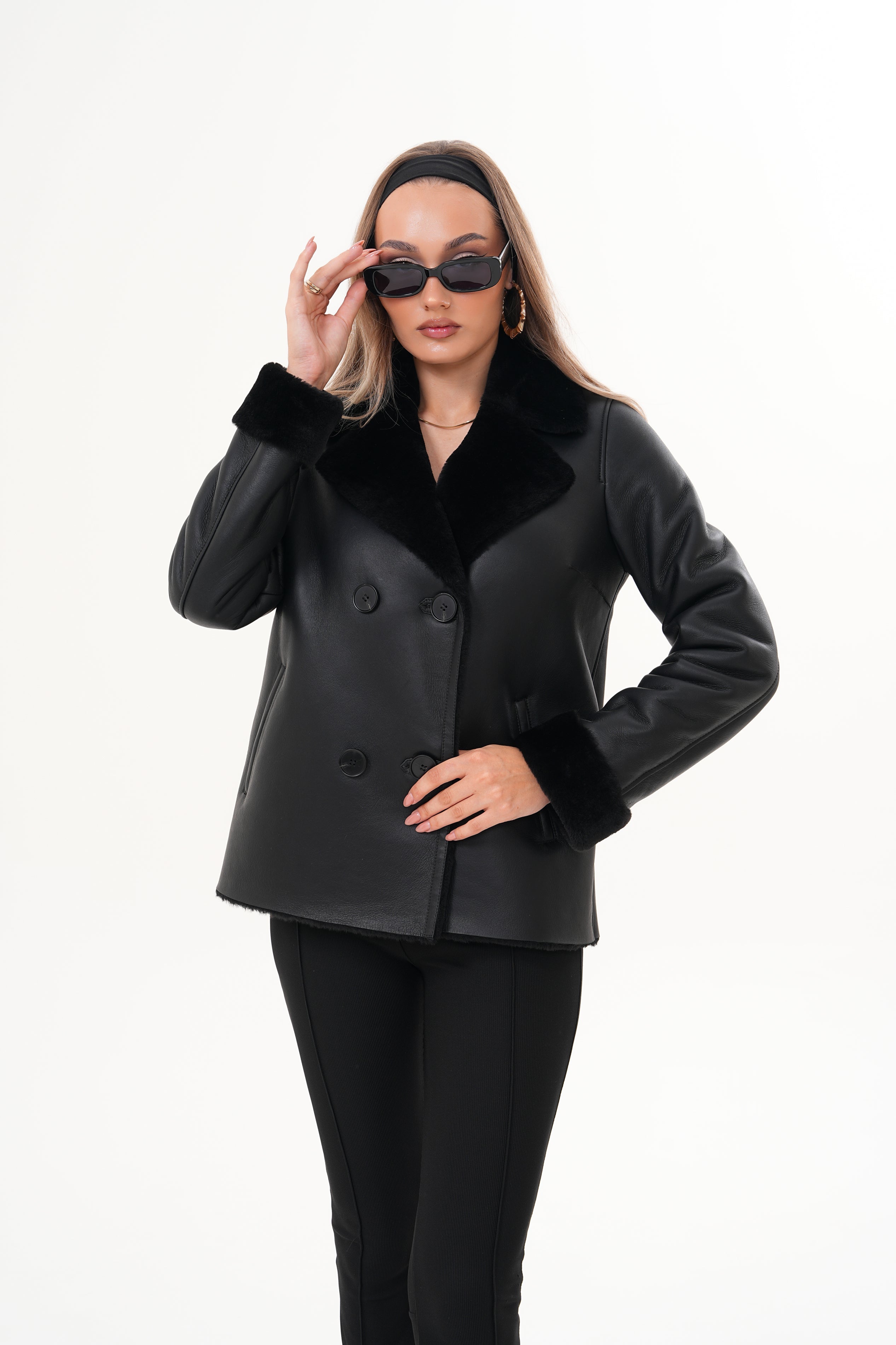The Zurich Double-Breasted Black Shearling Leather Women Jacket