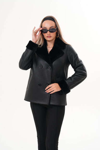 The Zurich Double-Breasted Black Shearling Leather Women Jacket