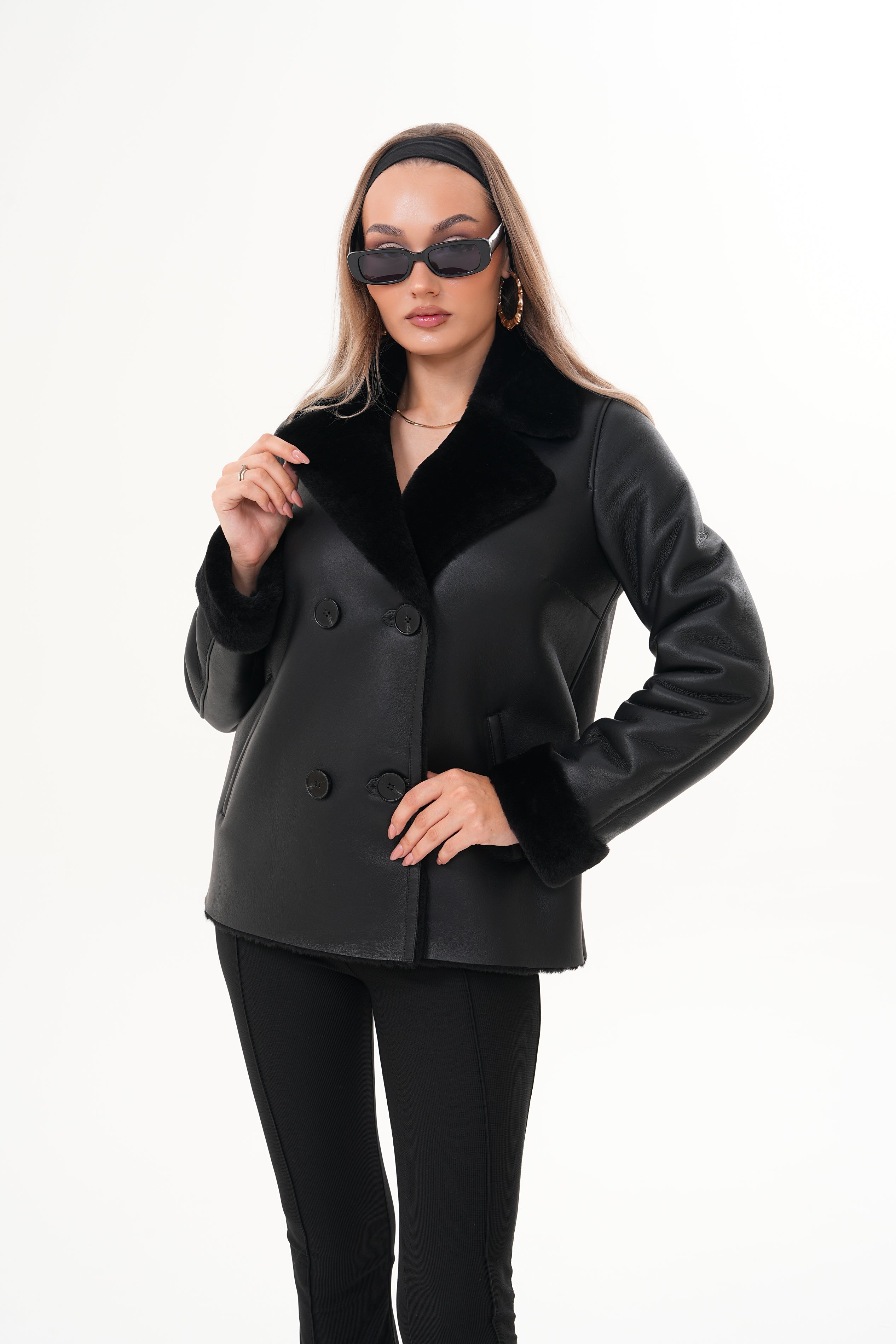 The Zurich Double-Breasted Black Shearling Leather Women Jacket