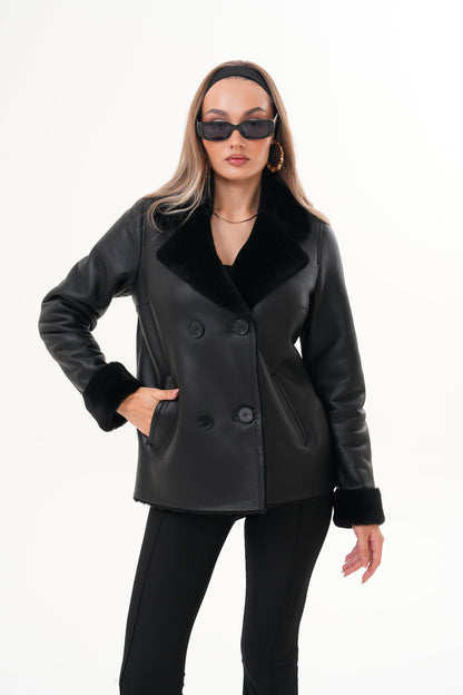 The Zurich Double-Breasted Black Shearling Leather Women Jacket
