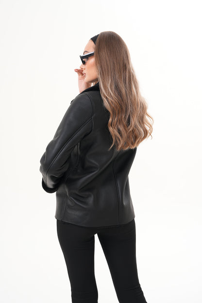 The Zurich Double-Breasted Black Shearling Leather Women Jacket
