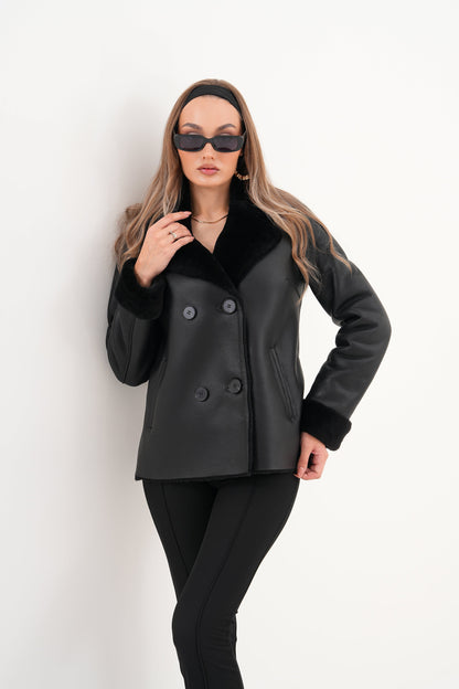 The Zurich Double-Breasted Black Shearling Leather Women Jacket