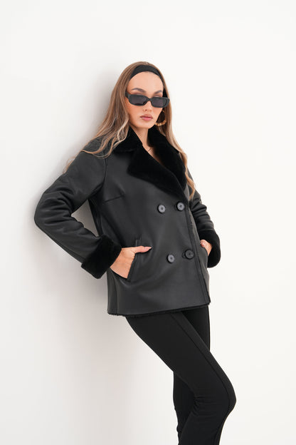 The Zurich Double-Breasted Black Shearling Leather Women Jacket