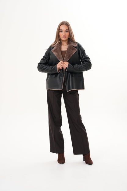 The Zurich Double-Breasted Brown Shearling Collar Leather Women Jacket