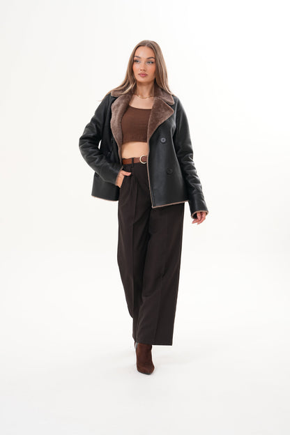 The Zurich Double-Breasted Brown Shearling Collar Leather Women Jacket