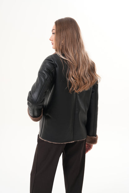 The Zurich Double-Breasted Brown Shearling Collar Leather Women Jacket