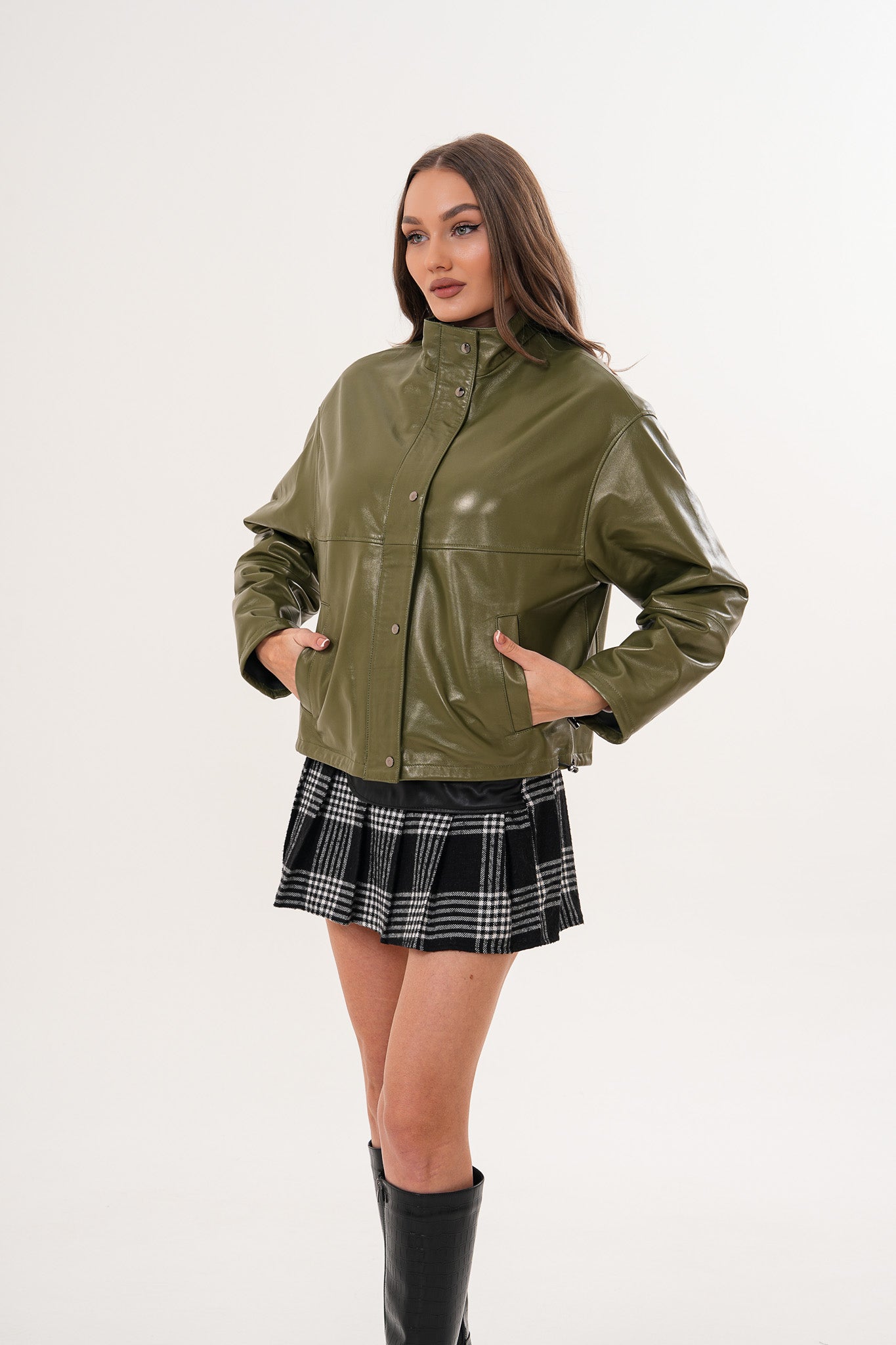 Vinci Leather Shoes The Kireya Olive Green Genuine Leather Women Jacket