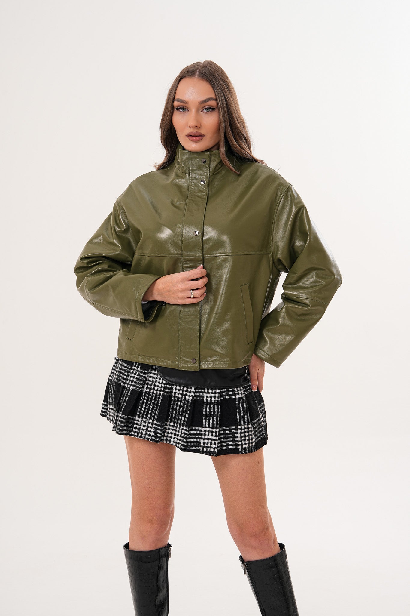 Vinci Leather Shoes The Kireya Olive Green Genuine Leather Women Jacket