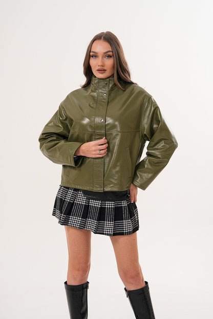 Vinci Leather Shoes The Kireya Olive Green Genuine Leather Women Jacket