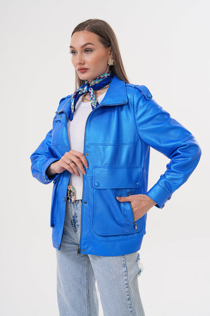 The Rivera Blue Leather Women Jacket
