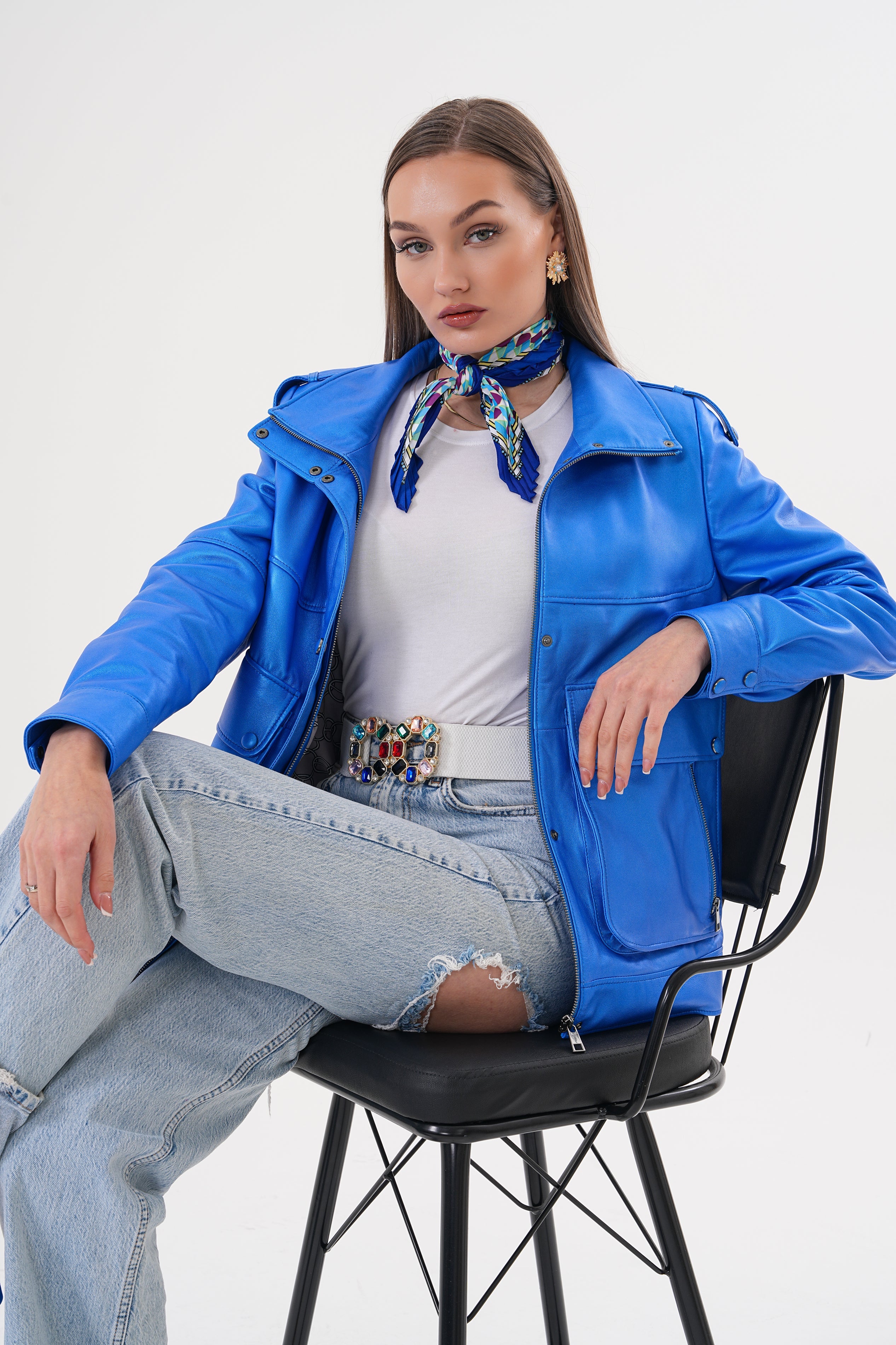 The Rivera Blue Leather Women Jacket