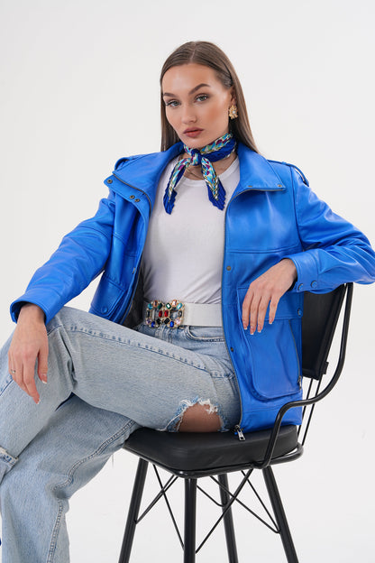 The Rivera Blue Leather Women Jacket