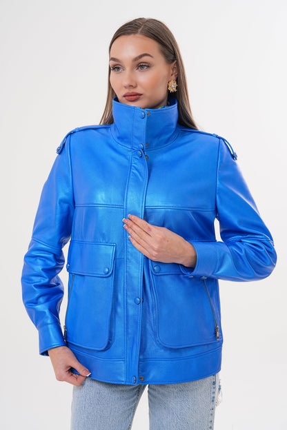 The Rivera Blue Leather Women Jacket