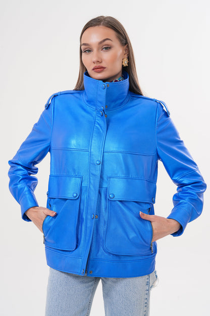 The Rivera Blue Leather Women Jacket