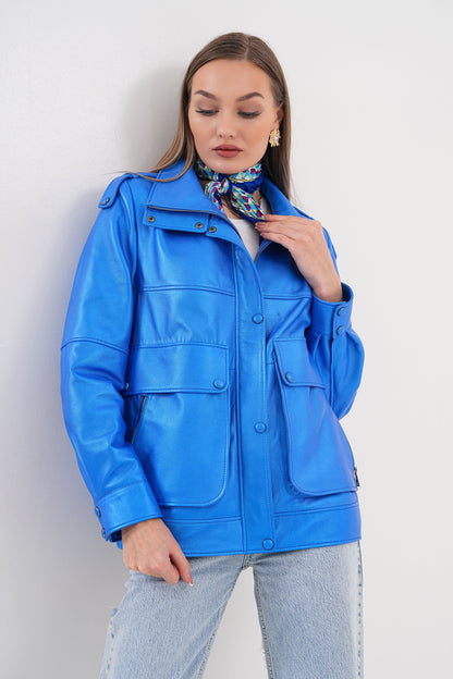 The Rivera Blue Leather Women Jacket