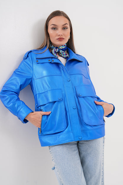 The Rivera Blue Leather Women Jacket