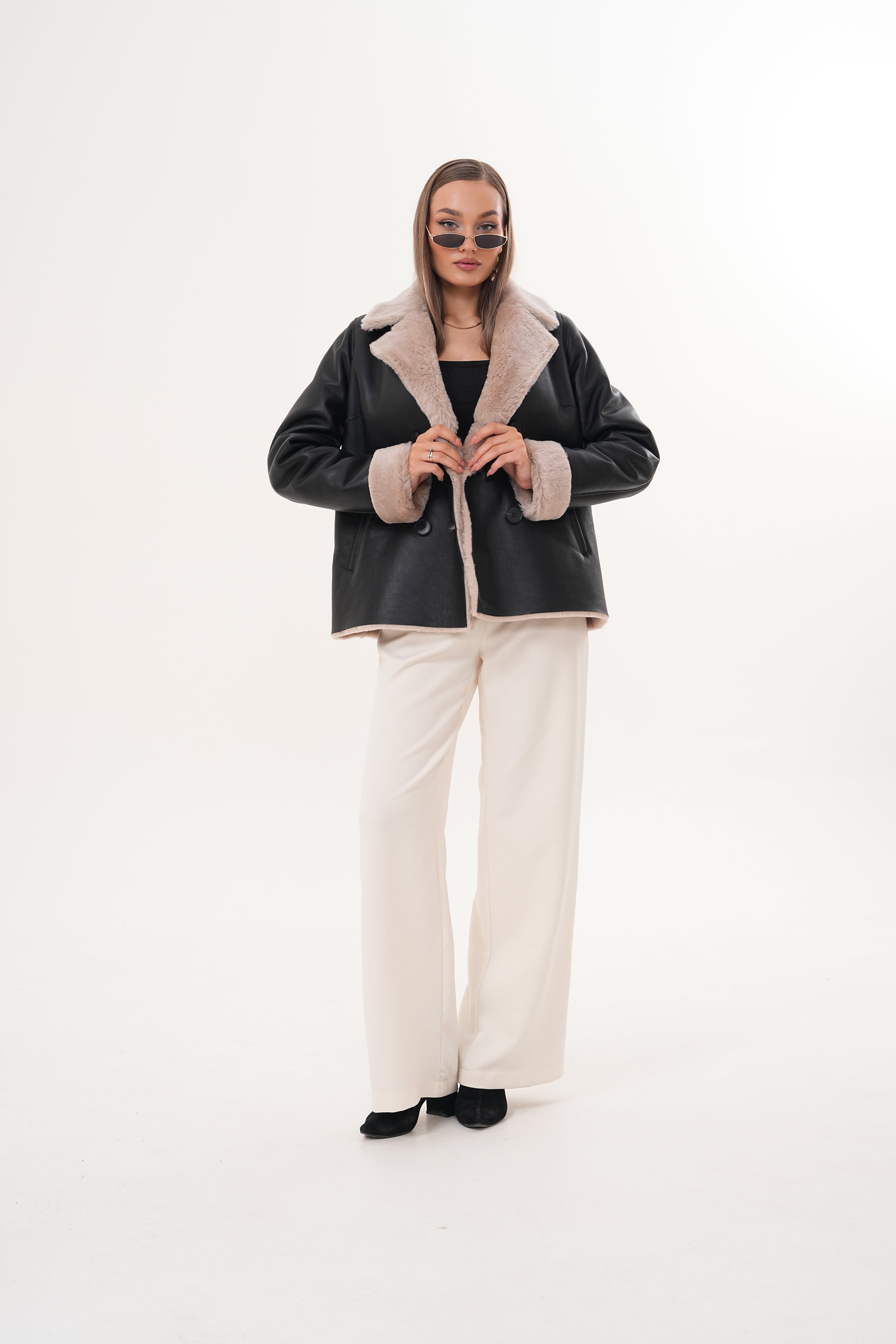 The Zurich Double-Breasted Cream Shearling Collar Leather Women Jacket