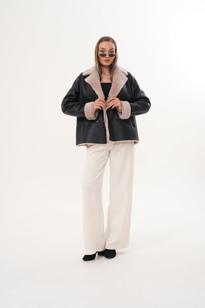 The Zurich Double-Breasted Cream Shearling Collar Leather Women Jacket