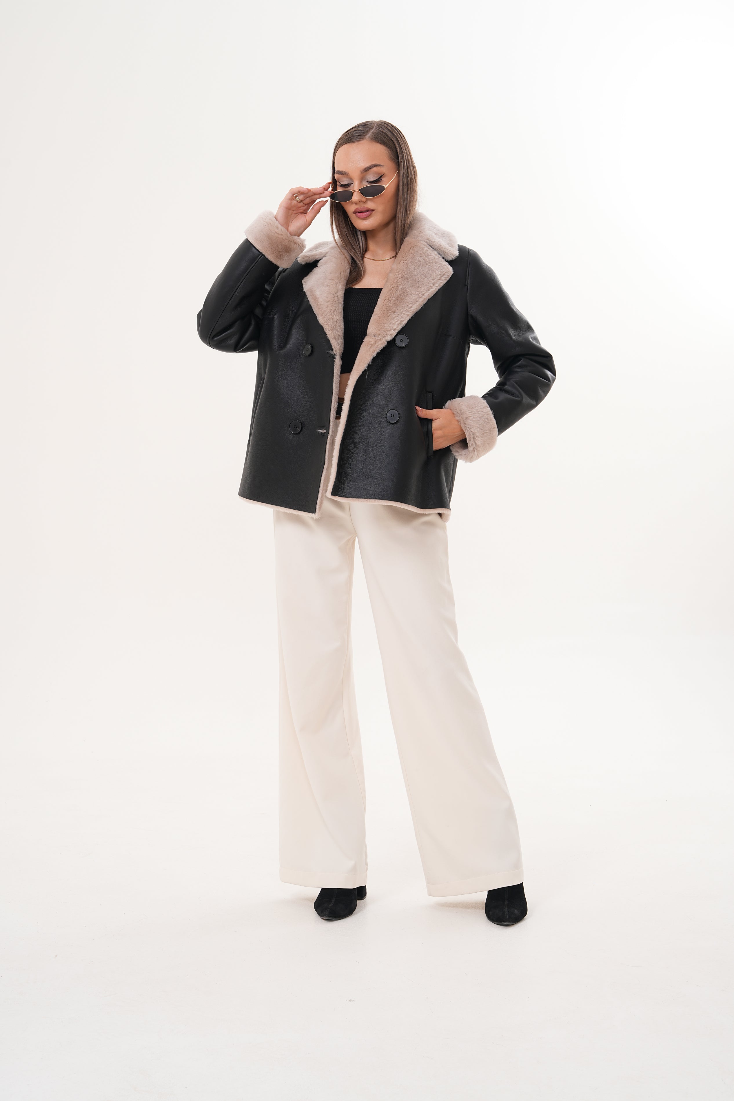 The Zurich Double-Breasted Cream Shearling Collar Leather Women Jacket