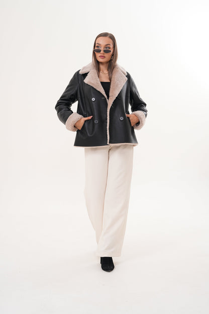 The Zurich Double-Breasted Cream Shearling Collar Leather Women Jacket