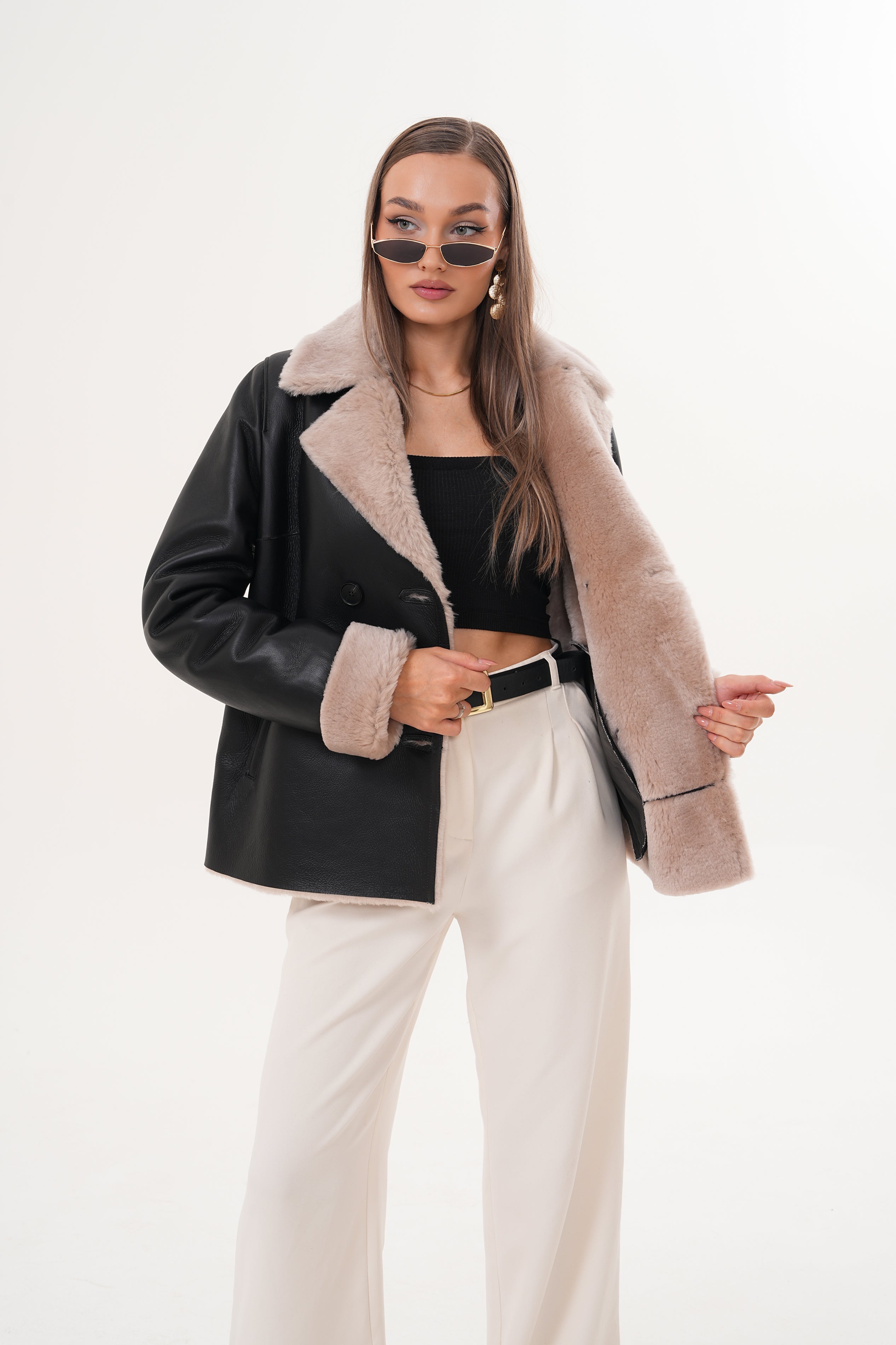 The Zurich Double-Breasted Cream Shearling Collar Leather Women Jacket