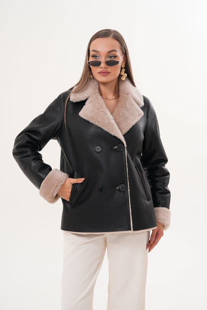 The Zurich Double-Breasted Cream Shearling Collar Leather Women Jacket