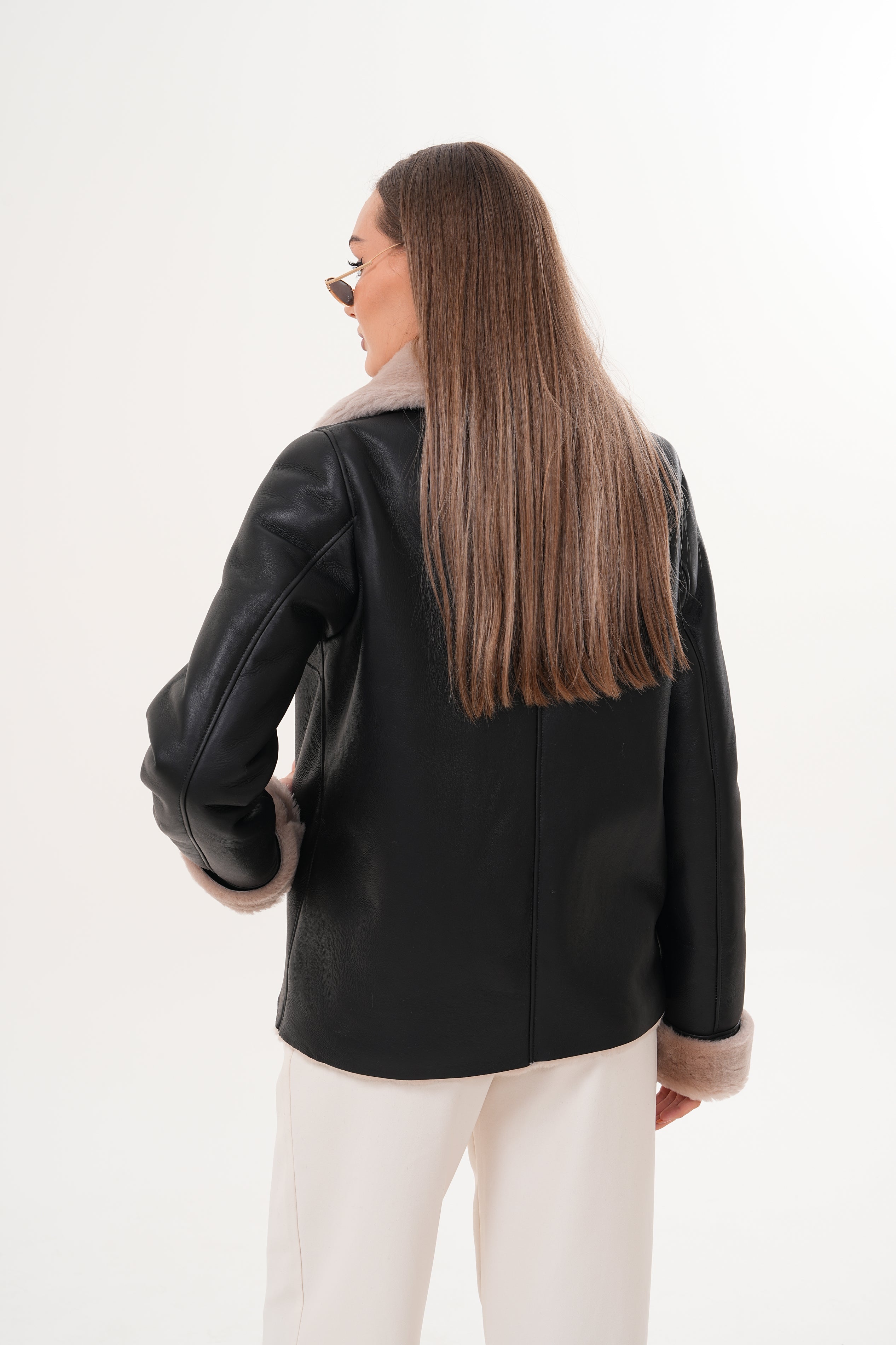 The Zurich Double-Breasted Cream Shearling Collar Leather Women Jacket