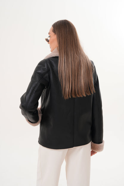 The Zurich Double-Breasted Cream Shearling Collar Leather Women Jacket