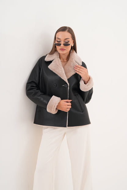 The Zurich Double-Breasted Cream Shearling Collar Leather Women Jacket