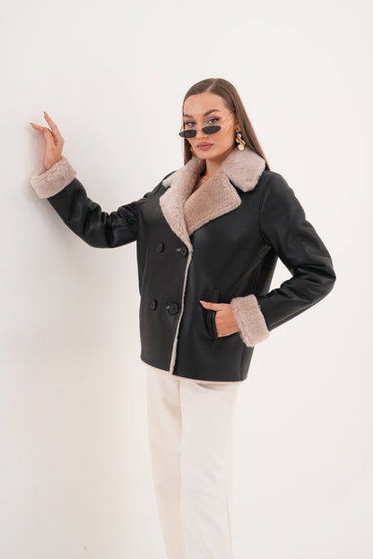 The Zurich Double-Breasted Cream Shearling Collar Leather Women Jacket