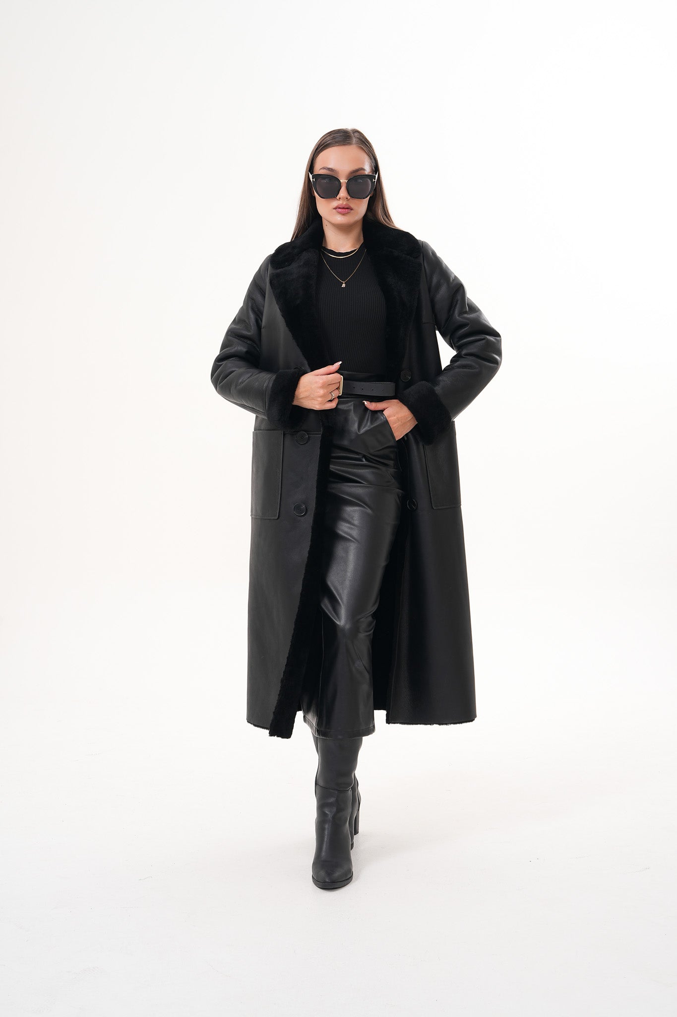 The Raven Long Shearling Black Leather Women Leather Jacket