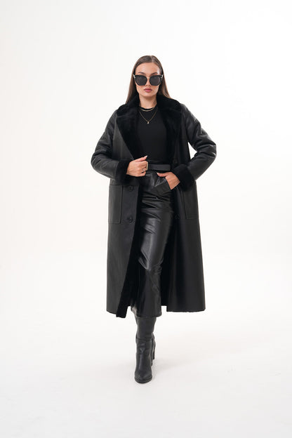 The Raven Long Shearling Black Leather Women Leather Jacket