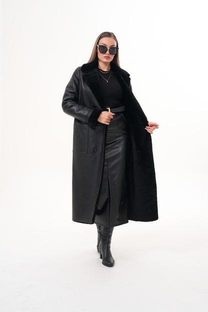 The Raven Long Shearling Black Leather Women Leather Jacket