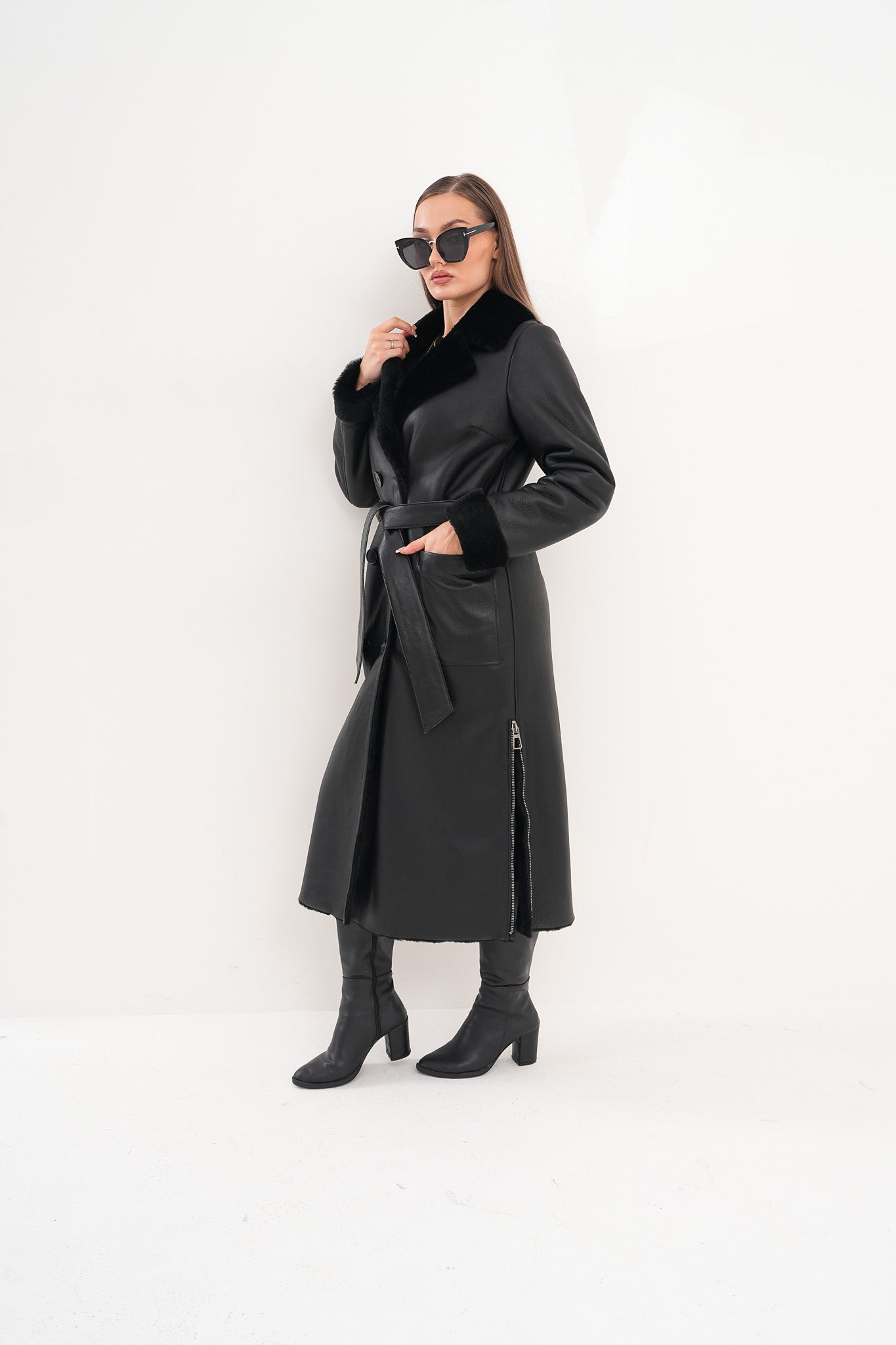 The Raven Long Shearling Black Leather Women Leather Jacket