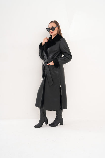 The Raven Long Shearling Black Leather Women Leather Jacket