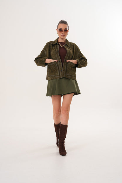 The Solviera Reversible Olive Suede Leather Jacket