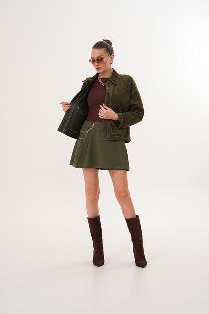 The Solviera Reversible Olive Suede Leather Jacket