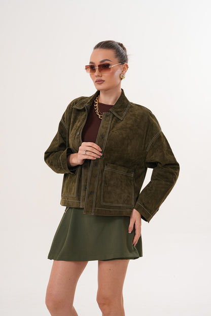 The Solviera Reversible Olive Suede Leather Jacket