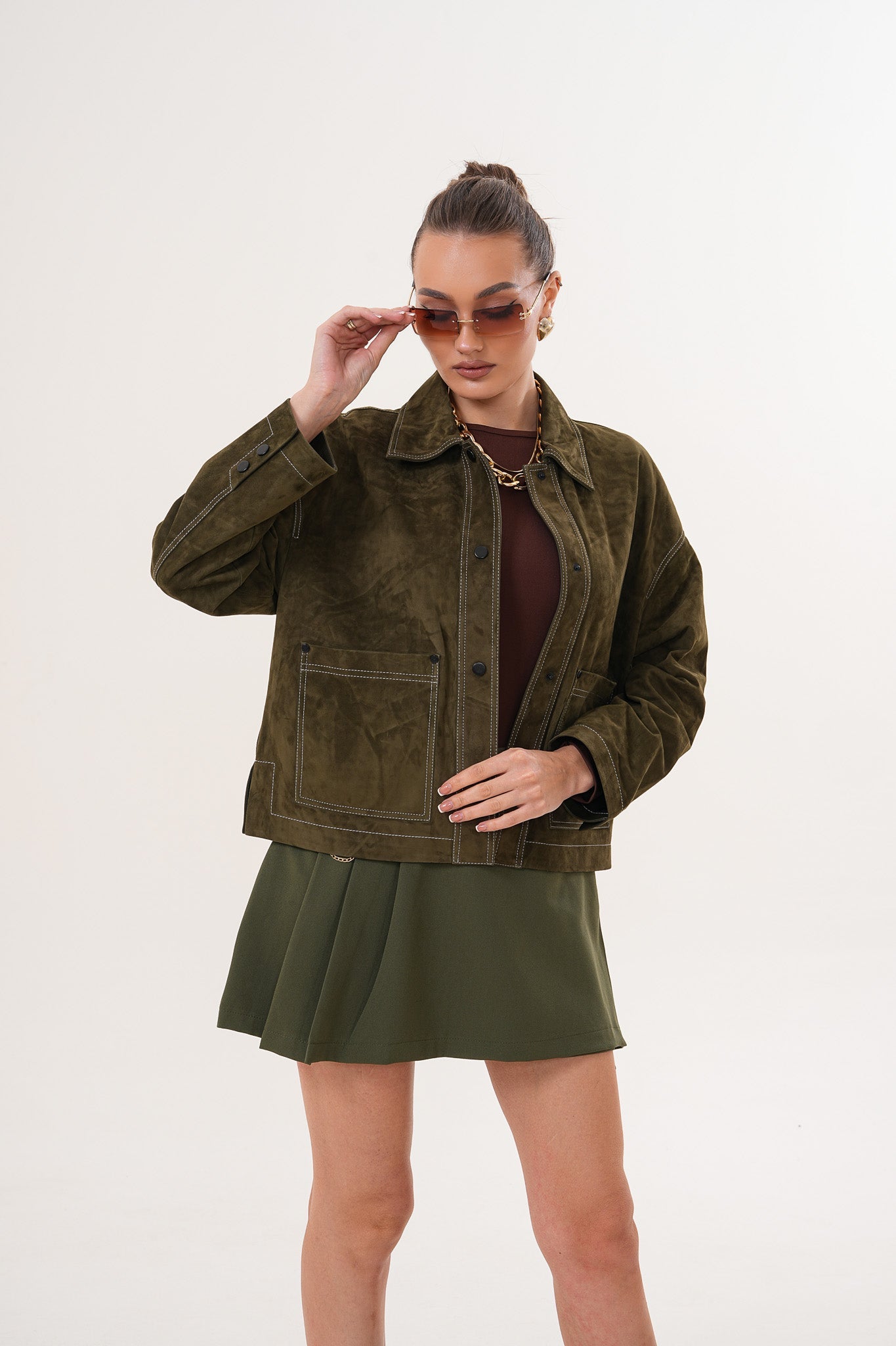 The Solviera Reversible Olive Suede Leather Jacket