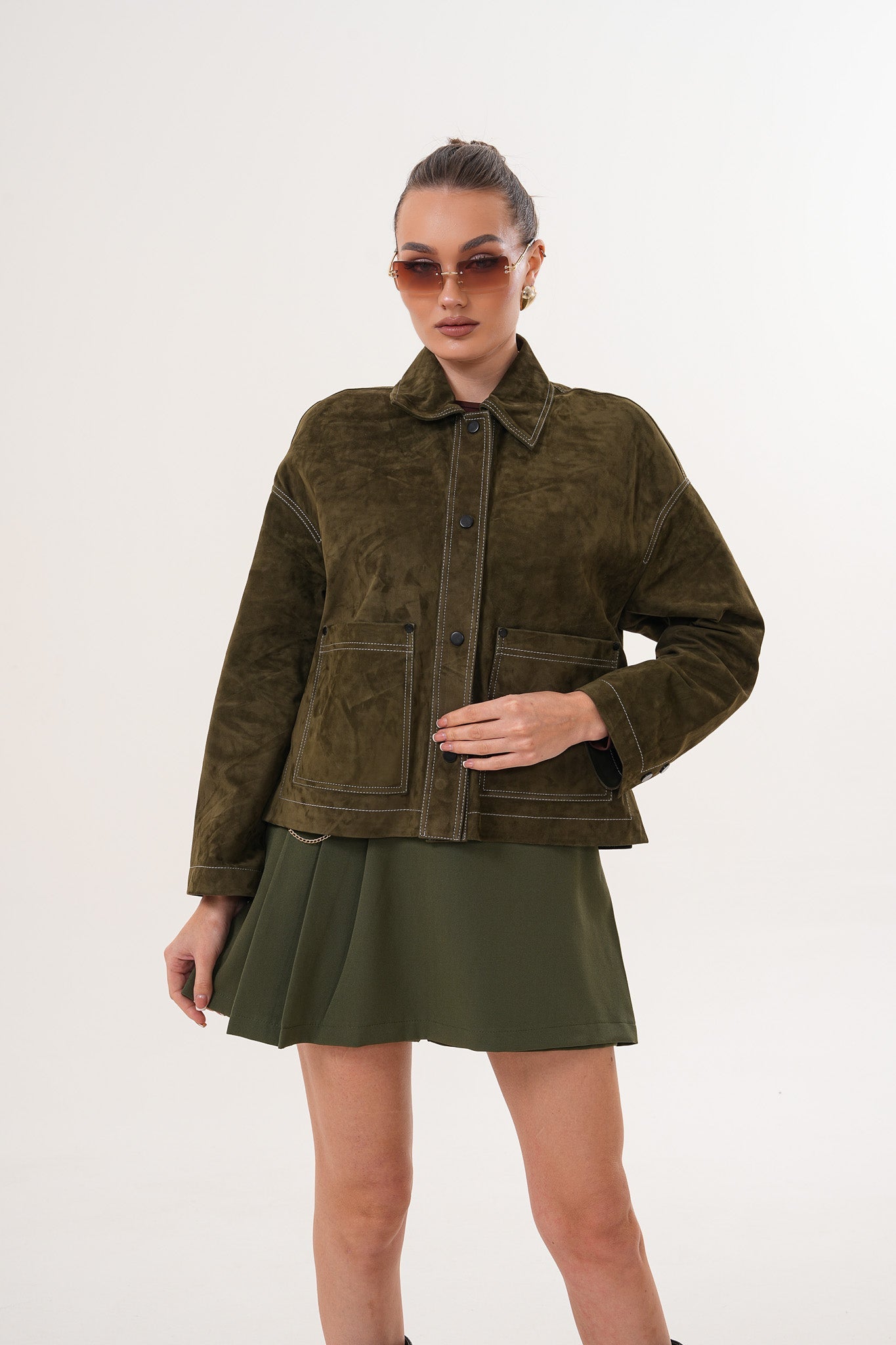 The Solviera Reversible Olive Suede Leather Jacket