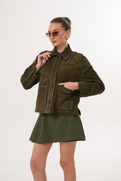 The Solviera Reversible Olive Suede Leather Jacket
