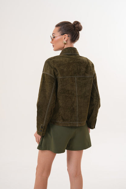 The Solviera Reversible Olive Suede Leather Jacket