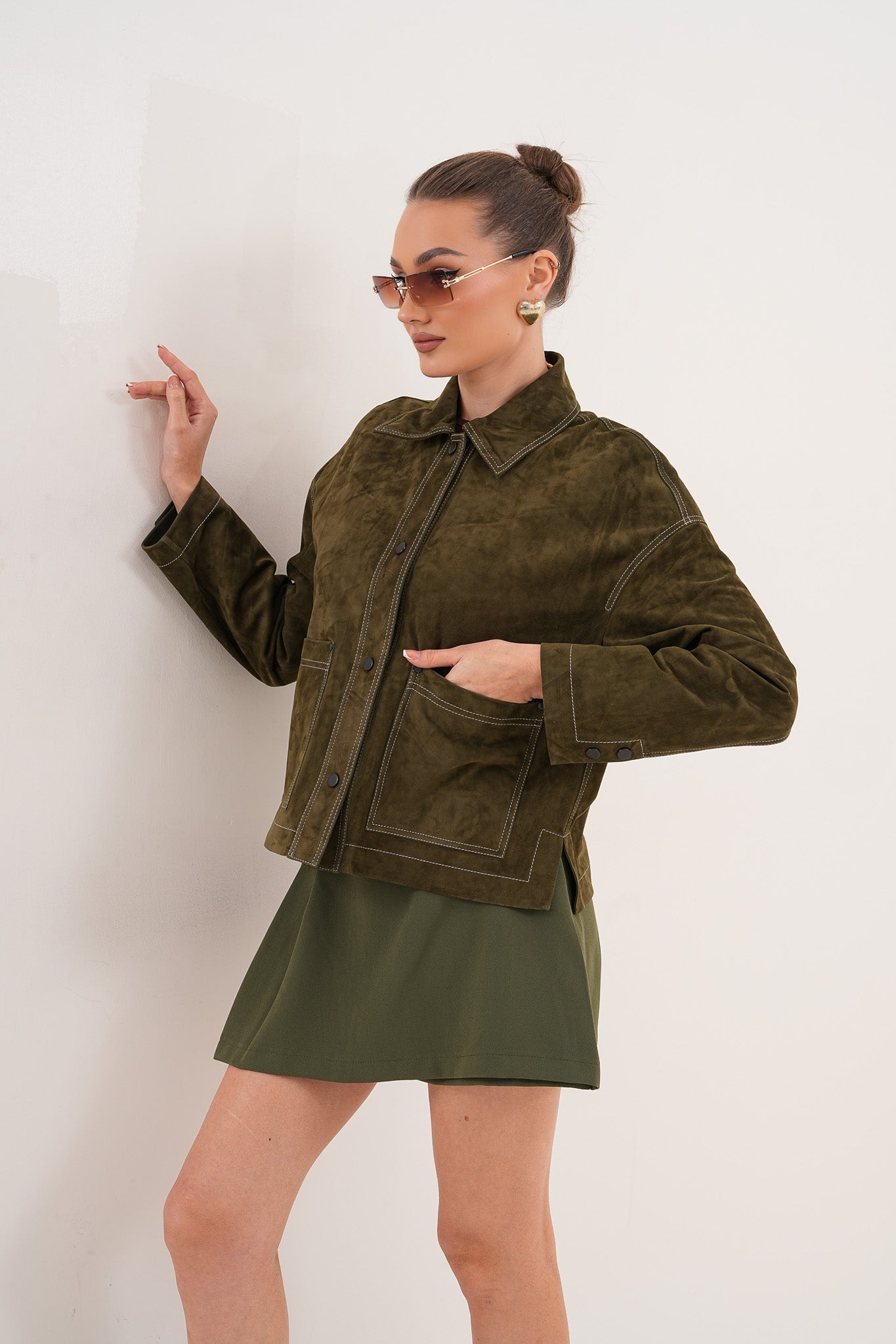 The Solviera Reversible Olive Suede Leather Jacket