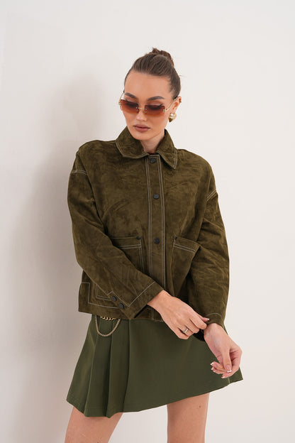 The Solviera Reversible Olive Suede Leather Jacket
