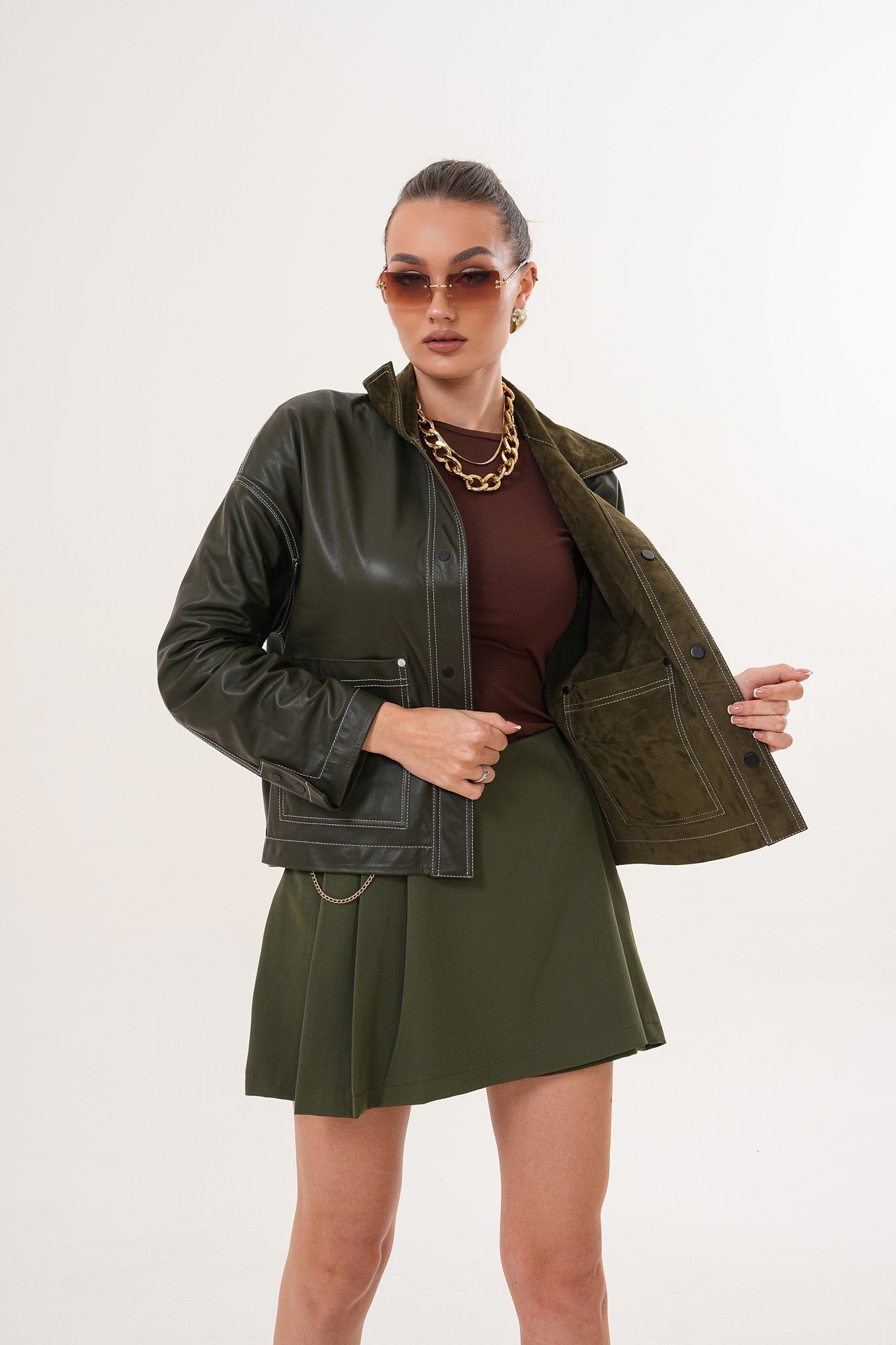 The Solviera Reversible Olive Suede Leather Jacket