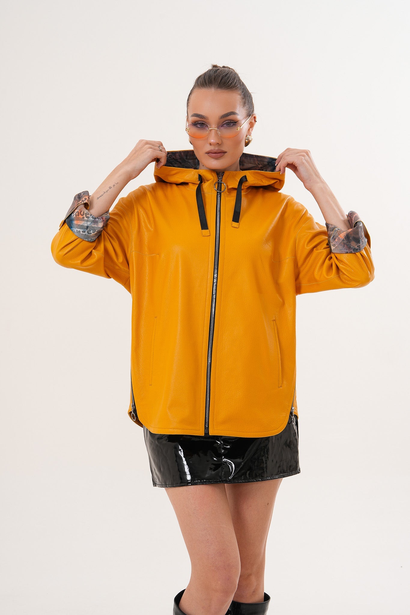 The Nyxara Reversible Hooded Mustard Yellow Leather Jacket