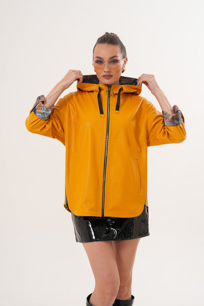 The Nyxara Reversible Hooded Mustard Yellow Leather Jacket