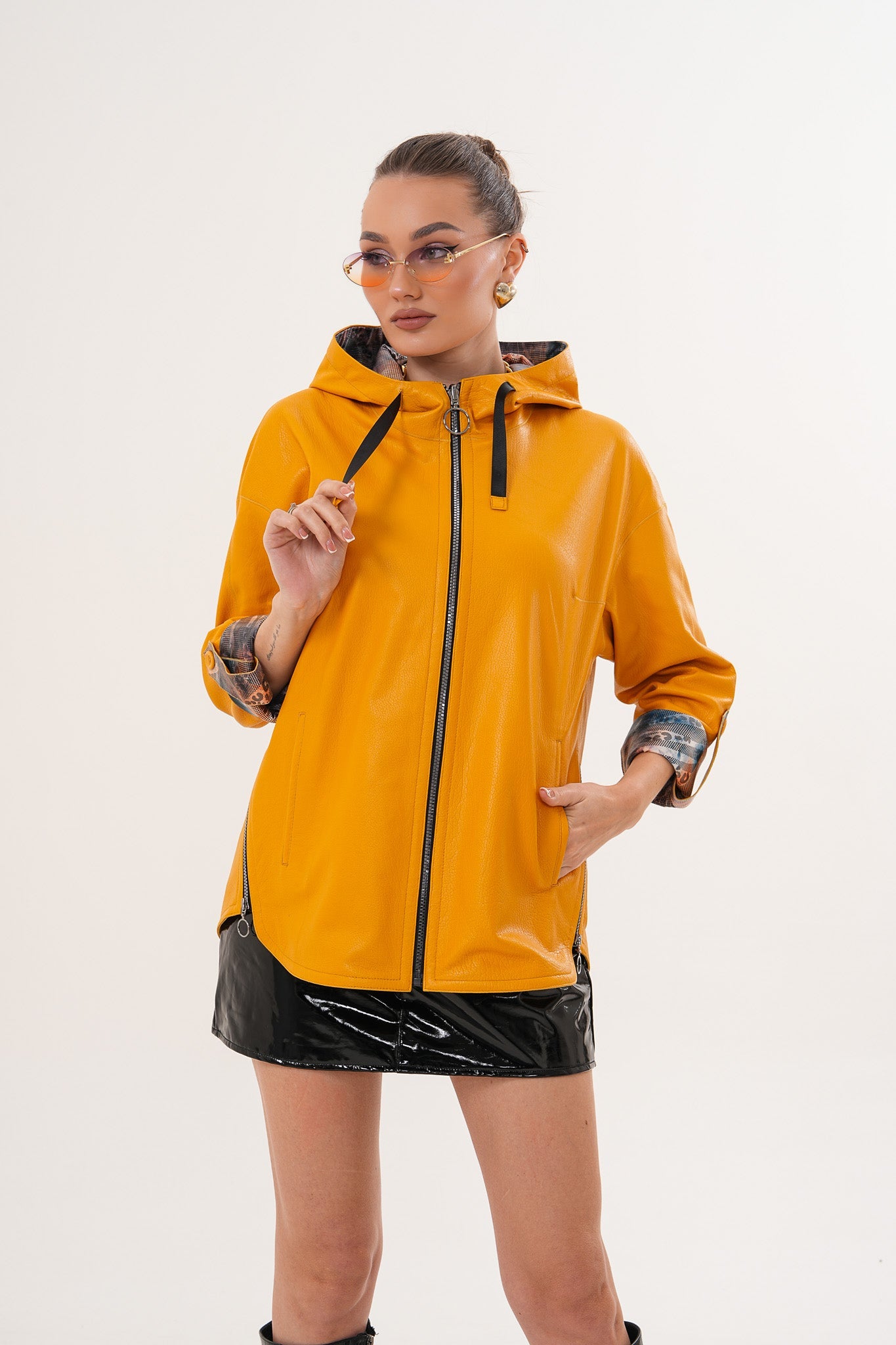 The Nyxara Reversible Hooded Mustard Yellow Leather Jacket