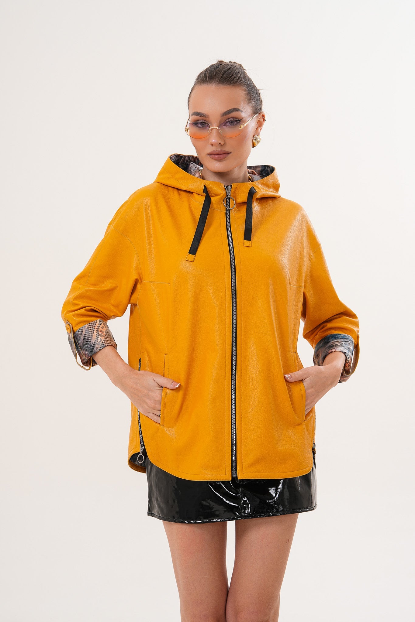 The Nyxara Reversible Hooded Mustard Yellow Leather Jacket